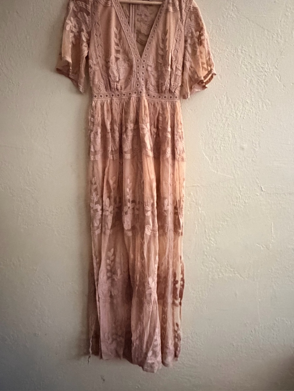Blush Pink Lace Embroidered Maxi Dress - V-Neck Feminine Silhouette